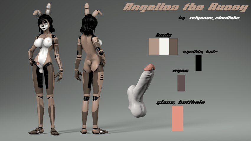 anthro balls black_hair black_lips breasts brown_body butt ear_piercing erection genitals glans grey_background gynomorph hair humanoid_genitalia humanoid_penis intersex lips machine nipples nude nude_anthro palette penis piercing ring_piercing scut_tail short_tail simple_background solo tail text zelyonka five_nights_at_freddy's scottgames angelina_(zelyonka) fan_character animatronic lagomorph leporid mammal rabbit robot robot_anthro 16:9 2024 3d_(artwork) 4k absurd_res character_name digital_media_(artwork) english_text hi_res model_sheet source_filmmaker_(artwork) widescreen