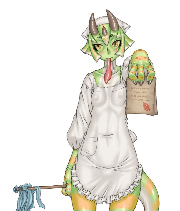 7_horns anthro biped blush breasts claws cleaning_tool clothed clothing female green_body green_eyes green_skin holding_object horn long_tongue maid_uniform mop multi_horn multicolored_eyes non-mammal_breasts orange_body orange_eyes orange_skin paper simple_background small_breasts solo spots standing stripes tail tongue tongue_out translucent translucent_clothing uniform white_background namu_gunsou fusae chameleon jackson's_chameleon lizard reptile scalie portrait three-quarter_portrait