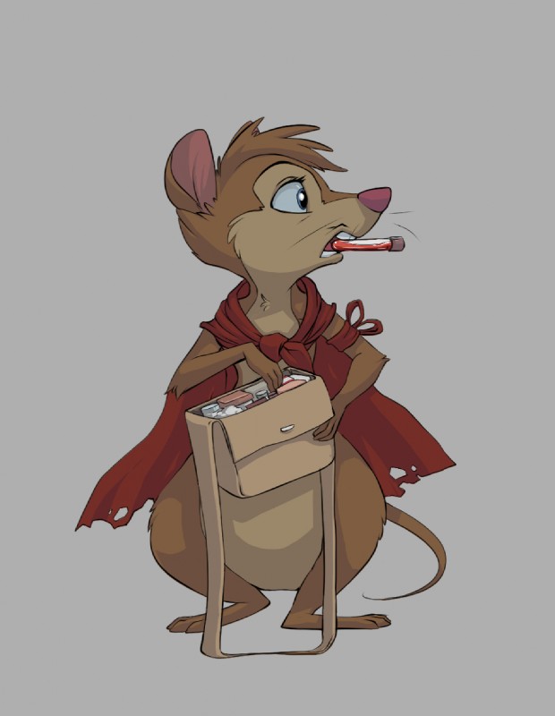 bag blue_eyes brown_body brown_fur cloak clothing featureless_crotch female feral fur grey_background holding_object object_in_mouth simple_background solo standing winstar don_bluth the_secret_of_nimh mrs._brisby mammal mouse murid murine rodent wood_mouse 2016 hi_res