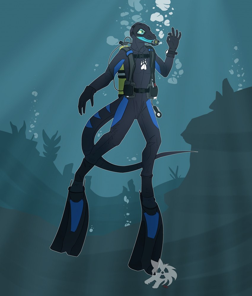 air_bubble air_tank anthro black_clothing blue_body blue_scales booties bubble clothing diving diving_mask gesture gloves green_eyes hand_gesture handwear hood logo looking_forward male mask neoprene ok_sign plant scales scuba scuba_diver scuba_diving scuba_gear scuba_tank solo swimming_fins tail underwater water weight_belt wetsuit pokill99 lazlo_(morgan3201) lizard reptile scalie 2023 artist_logo digital_media_(artwork) hi_res signature