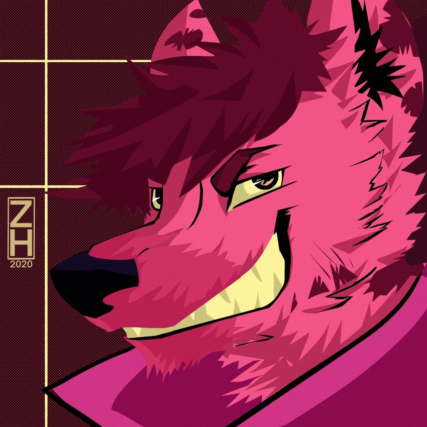 ambiguous_gender anthro black_nose eyebrows facial_markings fluffy fur hair head_markings markings muzzle_(marking) pink_body pink_fur smile snout snout_markings solo teeth yellow_teeth zhearun drawfee_(copyright) jacob_fursona hyena mammal 1:1 hi_res