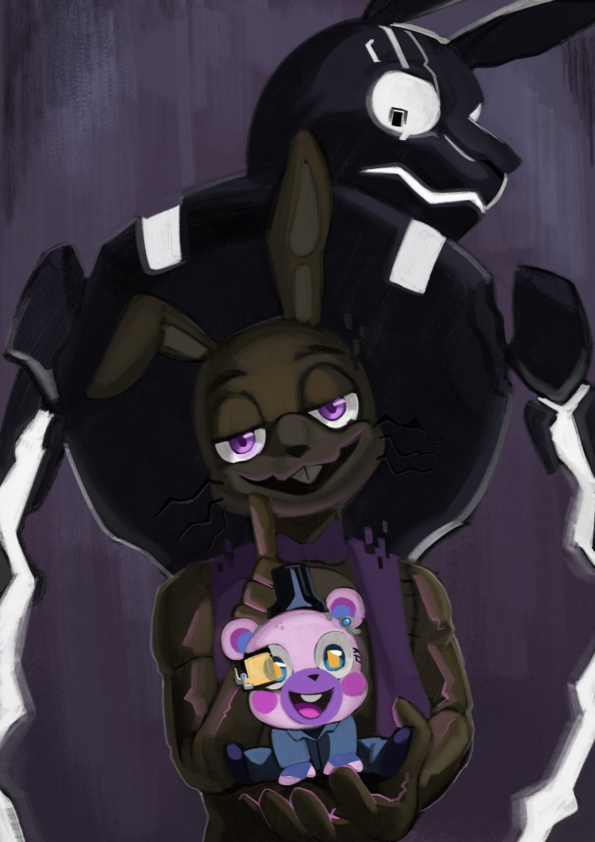 anthro bow_tie buckteeth clothing group happy holding_another looking_at_viewer looking_back looking_back_at_viewer male purple_clothing purple_eyes purple_topwear purple_vest teeth topwear trio vest carina2cl five_nights_at_freddy's five_nights_at_freddy's:_help_wanted five_nights_at_freddy's:_security_breach five_nights_at_freddy's:_security_breach_ruin scottgames steel_wool_studios glitchtrap helpi_(fnaf) mxes_(fnaf) bear lagomorph leporid mammal rabbit 2023 absurd_res digital_media_(artwork) hi_res