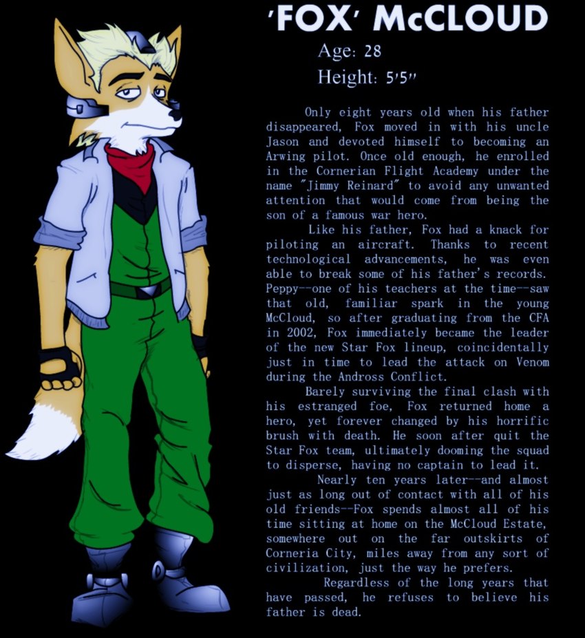 anthro biped blonde_hair clothed clothing dipstick_tail eyebrows fingerless_gloves fully_clothed fur gloves hair handwear looking_at_viewer male markings multicolored_body multicolored_fur solo tail tail_markings text thick_eyebrows two_tone_body two_tone_fur fredryk_phox a_fox_in_space nintendo star_fox fox_mccloud canid canine fox mammal 2011 archived_source english_text