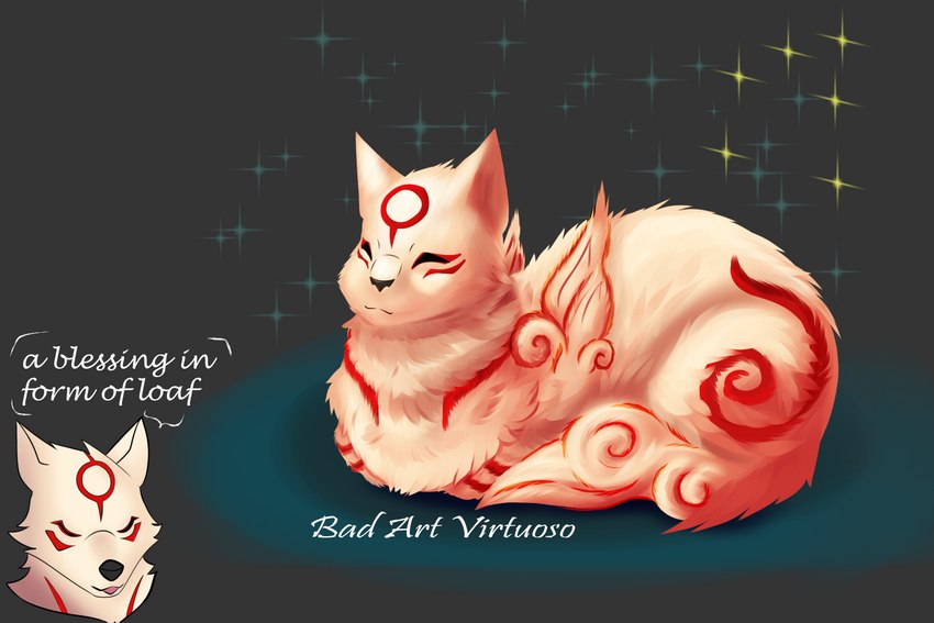 constellation duo eyes_closed female feral fur fur_markings loaf markings red_body red_fur simple_background smile solo star text white_body white_fur badartvirtuoso capcom clover_studio okami_(capcom) amaterasu_(okami) kabegami_(okami) canid canine canis domestic_cat felid feline felis mammal wolf 3:2 artist_name english_text