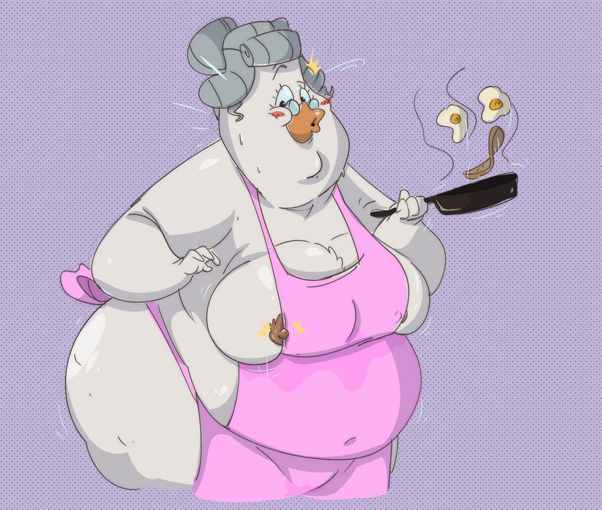 anthro apron apron_only beak big_breasts blush breasts chest_tuft clothed clothed/nude clothing cooking cookware elderly elderly_female erect_nipples exposed_breasts eyewear female frying_pan glasses grey_hair hair kitchen_utensils mature_anthro mature_female morbidly_obese nipples nude obese overweight overweight_anthro overweight_female pink_apron pink_background pink_clothing simple_background solo thick_thighs tools tuft whistling white_body wide_hips jodero disney ducktales bentina_beakley anatid anseriform avian bird duck hi_res