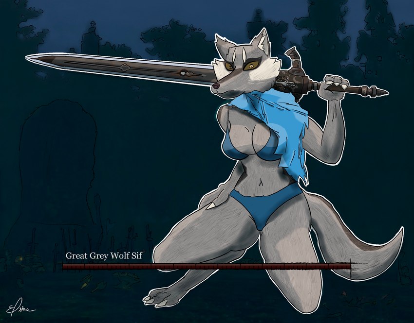 anthro anthrofied big_breasts breasts female female_anthro fingers fur great_sword greatsword grey_body grey_fur holding_melee_weapon holding_object holding_sword holding_weapon melee_weapon navel solo sword text weapon elske dark_souls fromsoftware great_grey_wolf_sif canid canine canis mammal wolf english_text hi_res