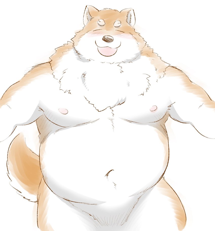 anthro belly big_belly blush brown_body eyes_closed kemono male moobs navel nipples open_mouth open_smile overweight overweight_male simple_background smile solo white_body samoji ramen_wolf_and_curry_tiger jiro_mita canid canine canis mammal wolf 2022 hi_res