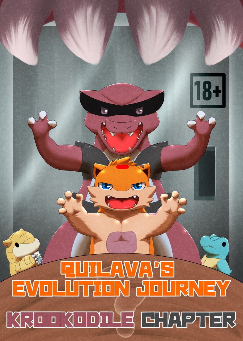 3_fingers 4_fingers claws duo finger_claws fingers looking_at_viewer male max_potion raised_arms size_difference standing_behind text darrow0 nintendo pokemon mo_(darrow) pol_(darrow) yuel generation_1_pokemon generation_2_pokemon generation_5_pokemon krookodile pokemon_(species) quilava sandshrew totodile comic cover cover_art cover_page english_text hi_res