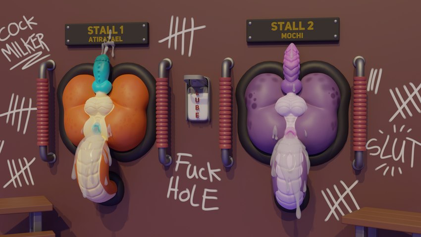 anthro anus backsack balls bodily_fluids cum cum_in_ass cum_inside degradation dispenser duo gaping gaping_anus genital_fluids genitals leaking_cum lube lube_dispenser male male/male name_plate name_tag non-mammal_balls orgasm profanity public_use tail tally_marks text through_wall underline western_tally_marks dungeonfox atiratael mochi_(ahkrin) kobold scalie 16:9 3d_(artwork) 4k absurd_res digital_media_(artwork) english_text hi_res widescreen