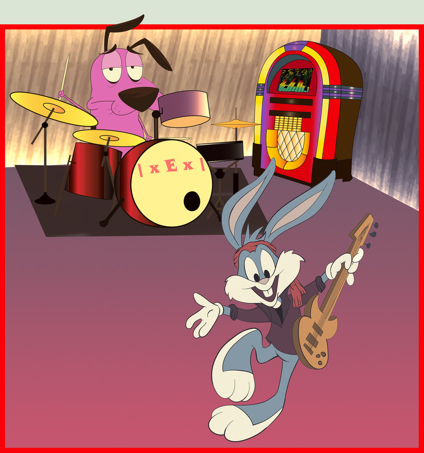 anthro bass_drum cymbals drum drum_set drumming_stick duo electric_guitar electronics guitar hi-hat jukebox male musical_instrument percussion_instrument percussion_mallet plucked_string_instrument snare_drum string_instrument tom_drum unknown_artist cartoon_network courage_the_cowardly_dog tiny_toon_adventures warner_brothers buster_bunny courage_the_cowardly_dog_(character) beagle canid canine canis domestic_dog hunting_dog lagomorph leporid mammal rabbit scent_hound toy_dog crossover hi_res