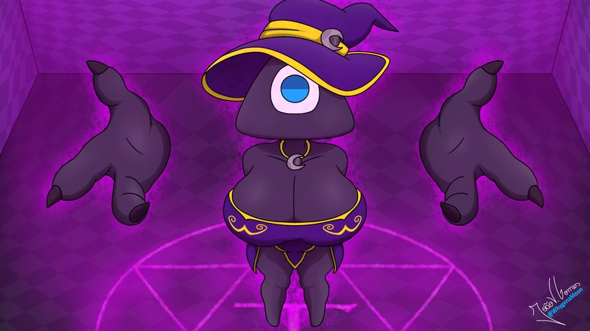 aura big_breasts black_body black_skin breasts clothing female hat headgear headwear hexagram ritual solo symbol witch_costume witch_hat whygenamoon adafas_(whygenamoon) humanoid 16:9 absurd_res hi_res widescreen