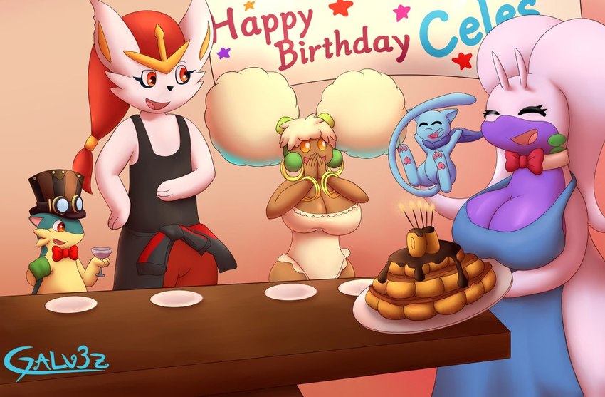 anthro apron apron_only birthday birthday_cake blue_body breasts brown_body cake clothing dessert female food group male scarf shirt tail topwear white_body yellow_body galv3z_(artist) nintendo pokemon celes_(celes_the_whim) hazby_o'neil milian_(mew_lindo) cinderace generation_1_pokemon generation_2_pokemon generation_5_pokemon generation_6_pokemon generation_8_pokemon goodra legendary_pokemon mew_(pokemon) pokemon_(species) quilava shiny_pokemon whimsicott