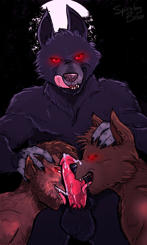 anthro anthro_penetrating anthro_penetrating_human balls black_body black_fur bodily_fluids brown_body brown_fur cum cum_on_face curse dominant dominant_male erection full_moon fur genital_fluids genitals glowing glowing_eyes group holidays human_on_anthro human_penetrated interspecies licking looking_at_viewer magic male male/male mind_control moon penetration penis saliva sex sharp_teeth submissive submissive_male teeth tongue tongue_out transformation spiceboybebop halloween mythology canid canine canis human mammal mythological_canine mythological_creature werecanid werecanine werecreature werewolf wolf hi_res