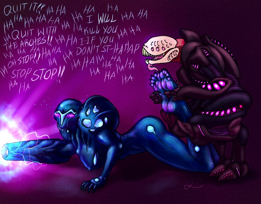 5_toes barefoot feet female foot_fetish not_furry soles tickle_torture tickling tickling_feet toes quintonquill metroid metroid_prime nintendo dark_samus alien alien_humanoid humanoid monster space_pirate_(species) zebesian hi_res