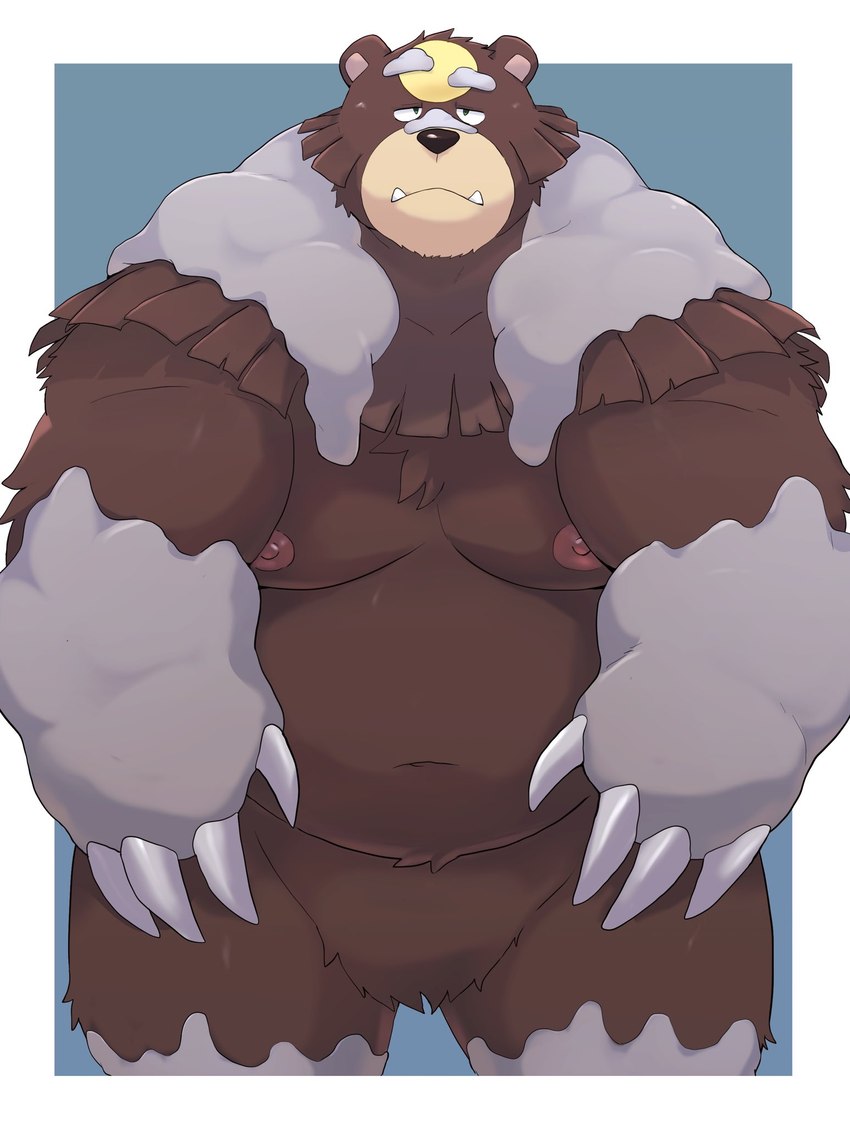 anthro belly black_nose brown_body brown_fur claws cute_fangs fangs fur looking_at_viewer male moobs navel nipples overweight overweight_anthro overweight_male solo teeth o-ro nintendo pokemon pokemon_legends_arceus bear generation_8_pokemon mammal pokemon_(species) ursaluna 2022 hi_res