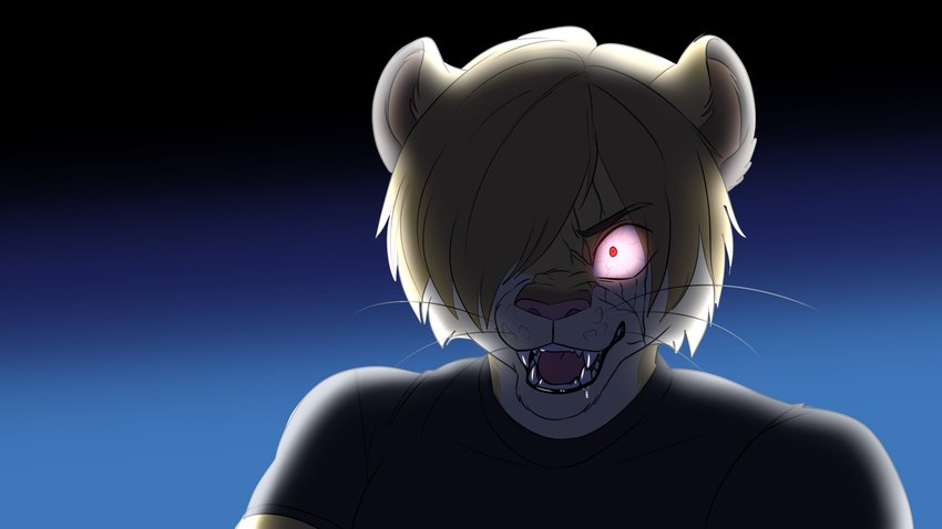 alternate_species anthro blonde_hair bodily_fluids drooling glowing glowing_eyes hair hair_over_eye infection male one_eye_obstructed parody red_eyes saliva sharp_teeth solo teeth fizzy-dog beastars capcom resident_evil leon_kennedy felid lion mammal pantherine 16:9 2023 4k absurd_res comic hi_res widescreen