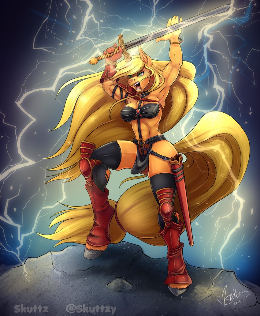 abs anthro anthrofied blonde_hair bottomwear bracelet clothing electricity female footwear gloves hair handwear hooves jewelry legwear lightning loincloth long_hair long_socks long_tail melee_weapon muscular muscular_anthro muscular_female scabbard shin_pads socks solo sword tail thigh_highs thigh_socks warrior weapon skuttz friendship_is_magic hasbro heavy_metal_(film) heavy_metal_(movie) my_little_pony applejack_(mlp) taarna equid equine horse mammal pony 2021 hi_res