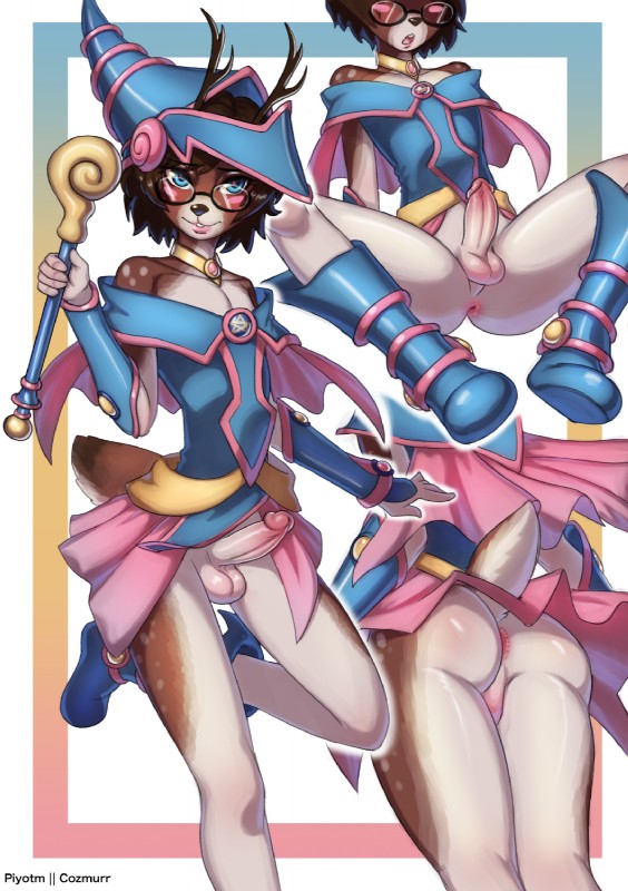 anthro antlers anus armor backsack balls blue_eyes blush boots bottomless butt cape choker clothed clothing cosplay costume embarrassed erection eyewear femboy footwear genitals glasses headgear headwear holding_object horn humanoid_genitalia humanoid_penis jewelry looking_at_viewer magical_girl_outfit magical_girl_wand male necklace open_mouth penis shoes solo star upskirt vambrace wand piyotm konami yu-gi-oh! cozmo_boa dark_magician_girl deer duel_monster mammal 2019 hi_res