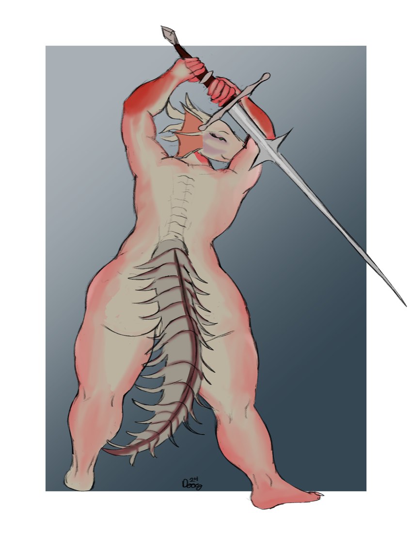 anthro arms_above_head big_butt border butt closed_smile eyelashes female frill_(anatomy) genitals geometric_background gradient_background green_eyes hands_above_head head_crest head_frill holding_melee_weapon holding_object holding_weapon horn looking_at_viewer looking_back looking_back_at_viewer melee_weapon membrane_(anatomy) membranous_frill mouth_closed multicolored_body nude_anthro nude_female plantigrade pussy raised_arms rear_view red_body simple_background smile solo spiked_tail spikes spikes_(anatomy) standing sword tail tan_body teal_background thick_thighs two_tone_body weapon white_border mcdoogiy lizard reptile scalie unknown_species 2024 absurd_res colored_sketch digital_drawing_(artwork) digital_media_(artwork) full-length_portrait hi_res portrait shaded signature sketch soft_shading