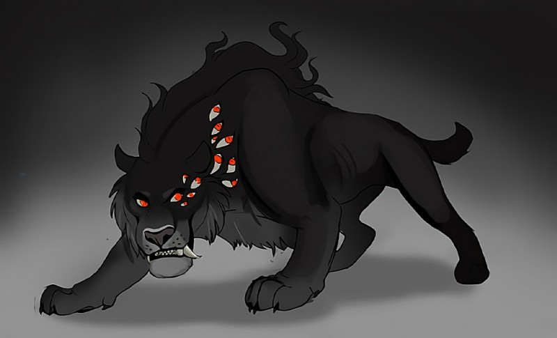 alternate_species ambiguous_gender feral furrification grey_background multi_eye red_eyes simple_background solo silverkitsu hellsing alucard_(hellsing) felid mammal prehistoric_species saber-toothed_tiger source_request