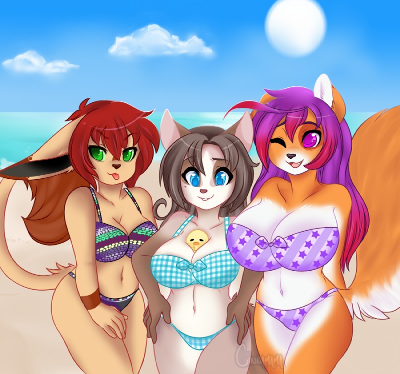 anthro beach between_breasts big_breasts bikini blue_eyes breast_size_difference breasts brown_hair cleavage clothed clothing cute_fangs detailed_background female green_eyes group hair hands_on_hips hyper looking_at_viewer navel one_eye_closed open_mouth open_smile outside purple_eyes red_hair sand seaside simple_background sky smile summer swimwear tongue tongue_out two-piece_swimsuit water wink cinnamama spazzykoneko feathertail fyxe snowshowcat avian bird canid canine felid fox hybrid mammal 2016 digital_media_(artwork) shaded