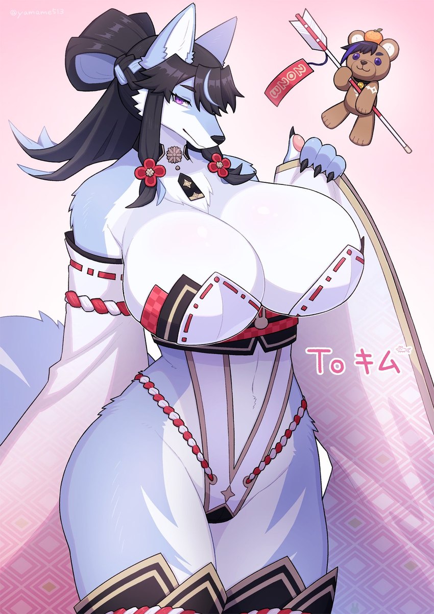 anthro big_breasts breasts clothed clothing female fur hair kemono looking_at_viewer simple_background white_body yamame513 ookami-chan_(kim_3022) canid canine canis mammal hi_res