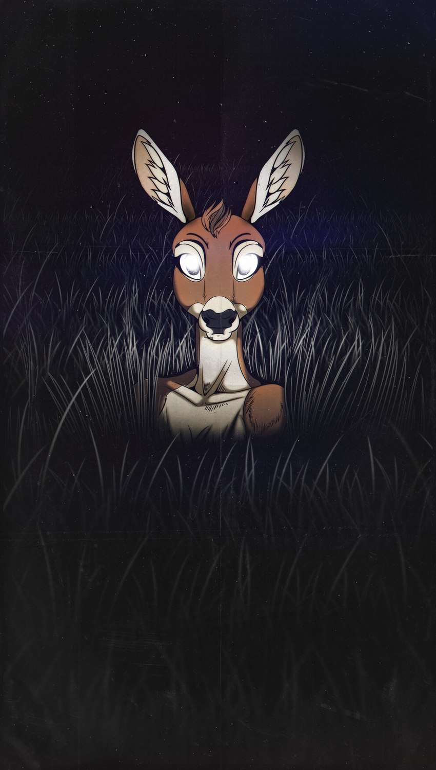 anthro big_ears black_nose brown_body brown_fur deer_in_headlights dust female female_anthro fur grass night plant slim solo tall_grass vintage white_eyes 0l-fox-l0 cervine deer mammal red_deer absurd_res cover hi_res