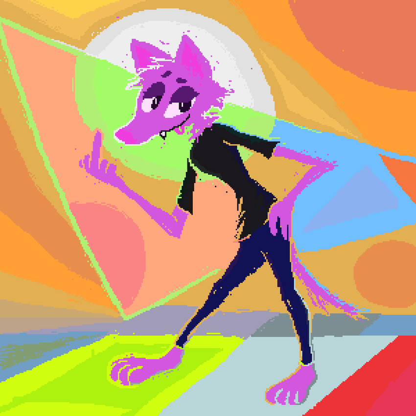 abstract_background anthro black_clothing black_shirt black_t-shirt black_topwear blue_bottomwear blue_clothing blue_pants bottomwear clothing fangs feet female gesture hand_gesture hindpaw middle_finger pants paws shirt smile solo t-shirt teeth tongue tongue_out topwear demensa canid canine canis domestic_dog mammal 1:1 2020 digital_media_(artwork) full-length_portrait pixel_(artwork) portrait