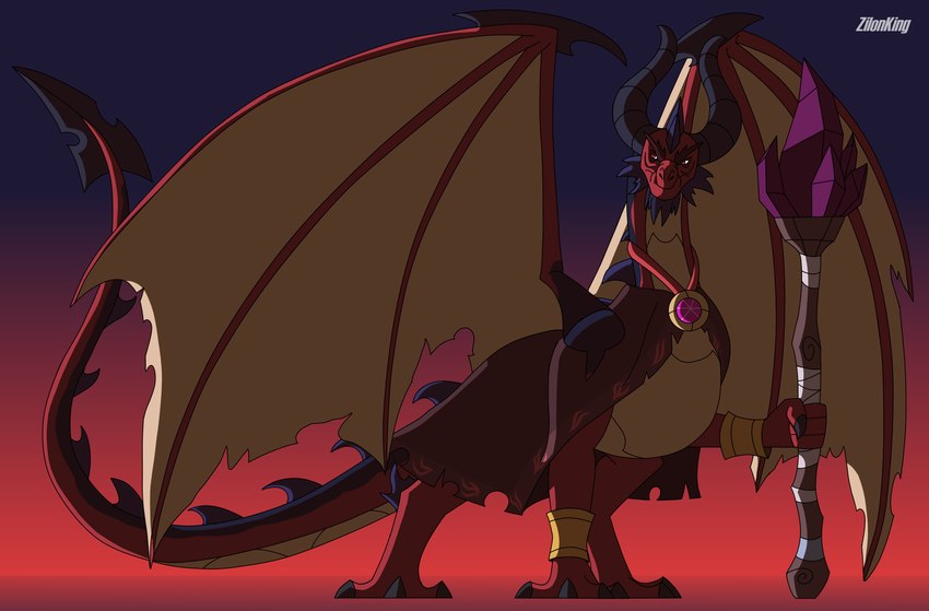 bracelet claws crystal feral horn jewelry larger_male male necklace red_body size_difference solo staff tail wings zilonking mythology red_(spyro) dragon mythological_creature mythological_scalie scalie 2023 absurd_res digital_media_(artwork) hi_res signature