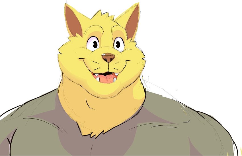 anthro biped brown_nose clothed clothing fur male muscular muscular_male open_mouth open_smile shirt simple_background smile solo teeth topwear white_background yellow_body yellow_fur daire301 hanna-barbera swat_kats chance_furlong domestic_cat felid feline felis mammal 2022 bust_portrait digital_media_(artwork) portrait