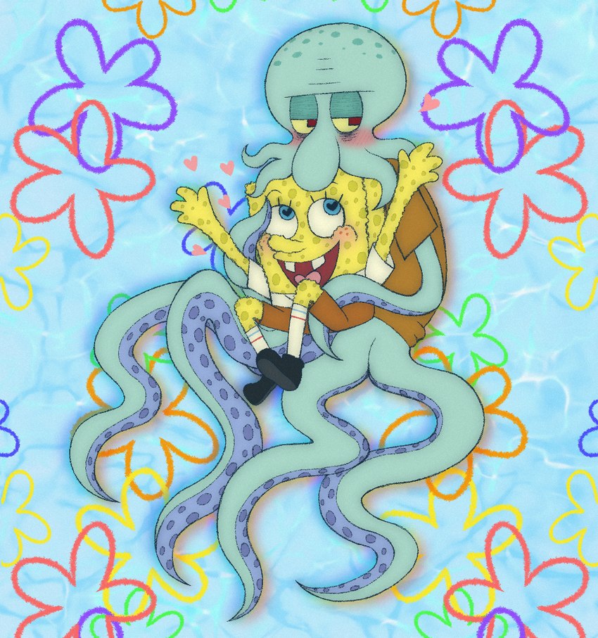 alternate_form anthro bald blush bottomless bottomwear buckteeth clothed clothing duo flower_cloud_(spongebob) footwear fully_clothed legless lidded_eyes male shirt shirt_only shoes shorts smile socks suction_cup teeth tentacles topwear topwear_only underwater water chikkachoochoo nickelodeon spongebob_squarepants spongebob_squarepants_(character) squidward_tentacles cephalopod coleoid marine mollusk octopodiform octopus sea_sponge colored