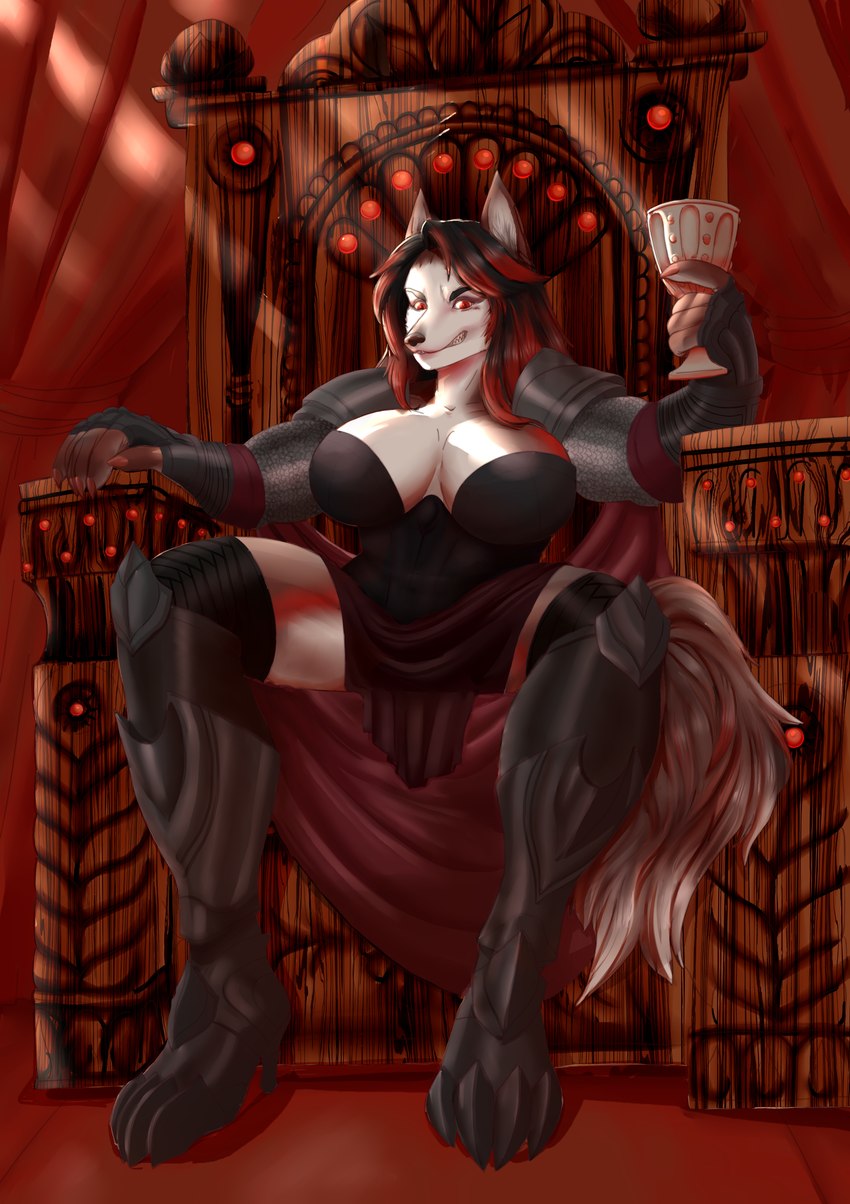 alternative_fashion anthro armor black_hair boots breasts bustier ceremonial chainmail chair claws clothing container corset cup curtains female footwear fur furniture goblet goth grey_body grey_fur grin hair high_heeled_boots high_heels leather lingerie plate_armor rape_face red_body red_eyes red_fur red_hair shoes smile solo tail teeth throne topwear trad_goth white_body white_fur wood shanie_foxtrot ravenna_wildfire canid canine canis mammal wolf absurd_res hi_res