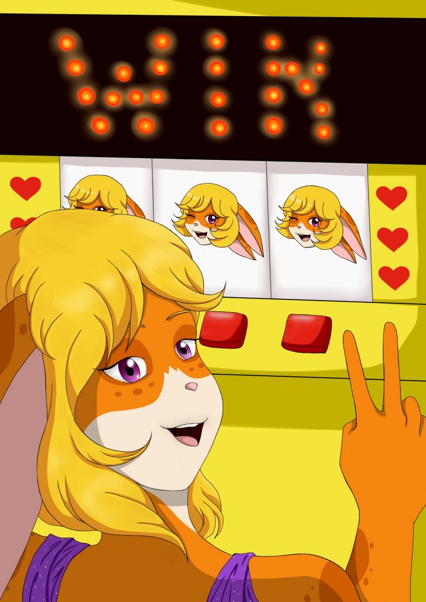 anthro blonde_hair female fur gesture hair hand_gesture orange_body orange_fur purple_eyes slot_machine solo v_sign winning ta-chan tangobunny lagomorph leporid mammal rabbit hi_res