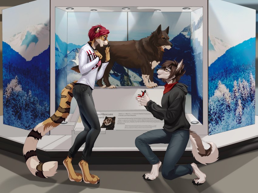 anthro duo female male male/female marriage_proposal museum proposal ring ruusen balto_star nikki_kofi canid canine canis cheetah felid feline mammal wolf absurd_res hi_res