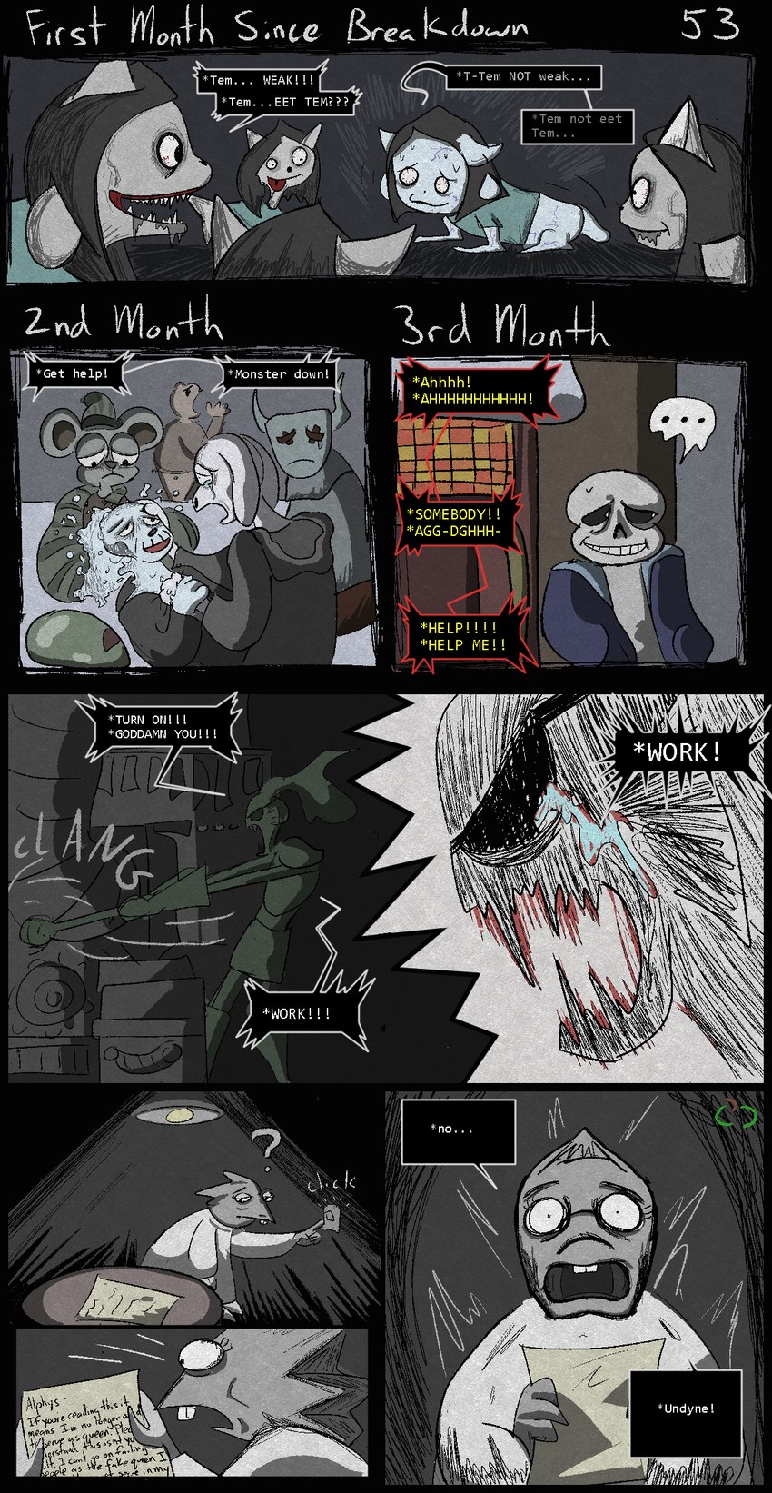 alternate_universe anthro bone buckteeth clothed clothing dialogue eye_patch eyewear female feral glasses hair male open_mouth simple_background skeleton speech_bubble tail teeth text tongue white_body sour-apple-studios horrortale undertale undertale_(series) alphys sans_(undertale) temmie_(undertale) undyne animal_humanoid animated_skeleton boss_monster_(undertale) fish fish_humanoid humanoid marine marine_humanoid undead comic english_text hi_res