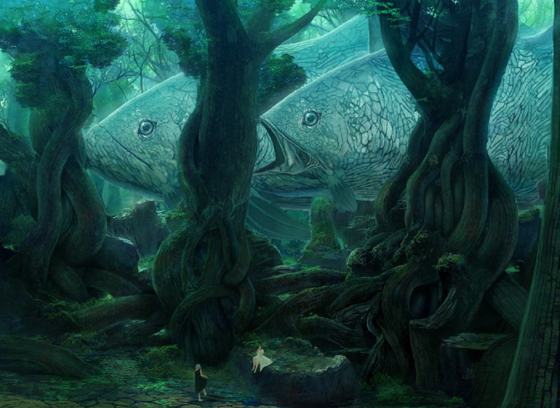 clothing colossal detailed_background dress duo_focus female feral forest group nature open_mouth outside plant scales scenery surreal tree wood kakotomirai fish marine