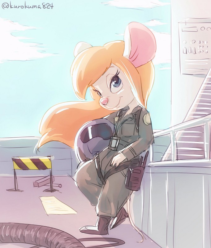 anthro armor blonde_hair blue_eyes clothed clothing electronics female hair headgear helmet holding_object long_hair looking_at_viewer outside pilot_suit pink_nose smile solo uniform walkie-talkie kurokuma824 chip_'n_dale_rescue_rangers disney gadget_hackwrench mammal mouse murid murine rodent 2016 colored_sketch hi_res sketch