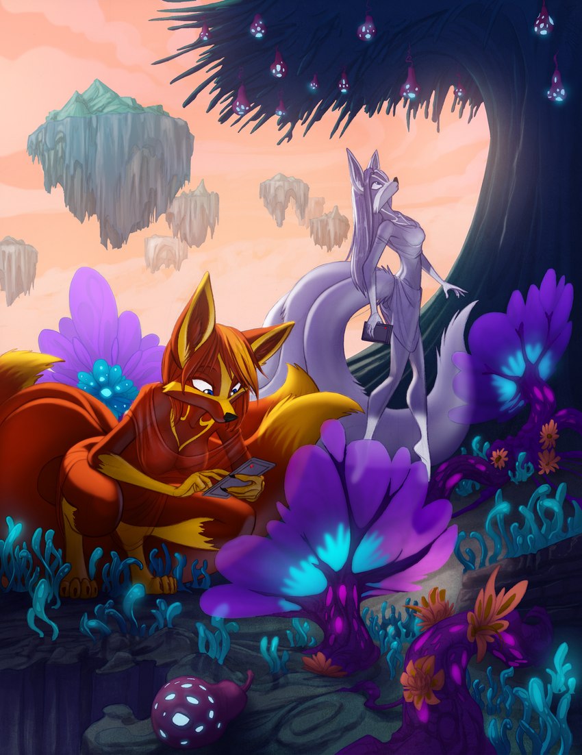 black_nose blue_eyes clothed clothing duo female fur multi_tail outside plant red_body red_fur tail tree white_body white_fur david_lillie krinele_fullin molly_fullin canid canine dreamspinner fox mammal absurd_res hi_res