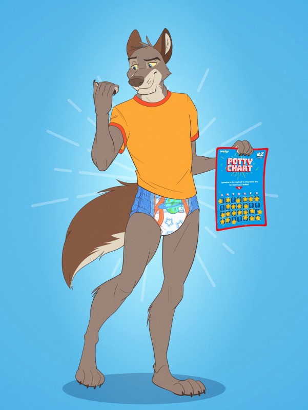 5_fingers ageplay anthro blue_background blue_eyes clean_diaper clothed clothing diaper fingers fur grey_body grey_fur infantilism male pull-ups_(diaper) roleplay shirt simple_background solo standing thin_diaper topwear wearing_diaper wetness_indicator yellow_sclera colt3n brooks_(colt3n) canid canine canis mammal wolf 2019 absurd_res hi_res