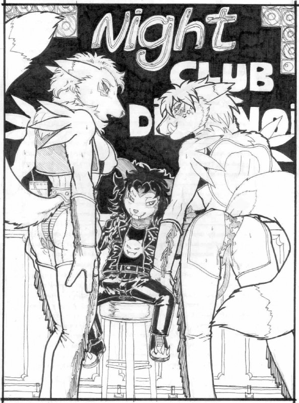 anthro biker black_sclera chaps clothed clothing female fur group larger_female male size_difference smaller_male stripper tongue tongue_out mariano bandai_namco digimon canid canine digimon_(species) impmon mammal renamon hi_res monochrome