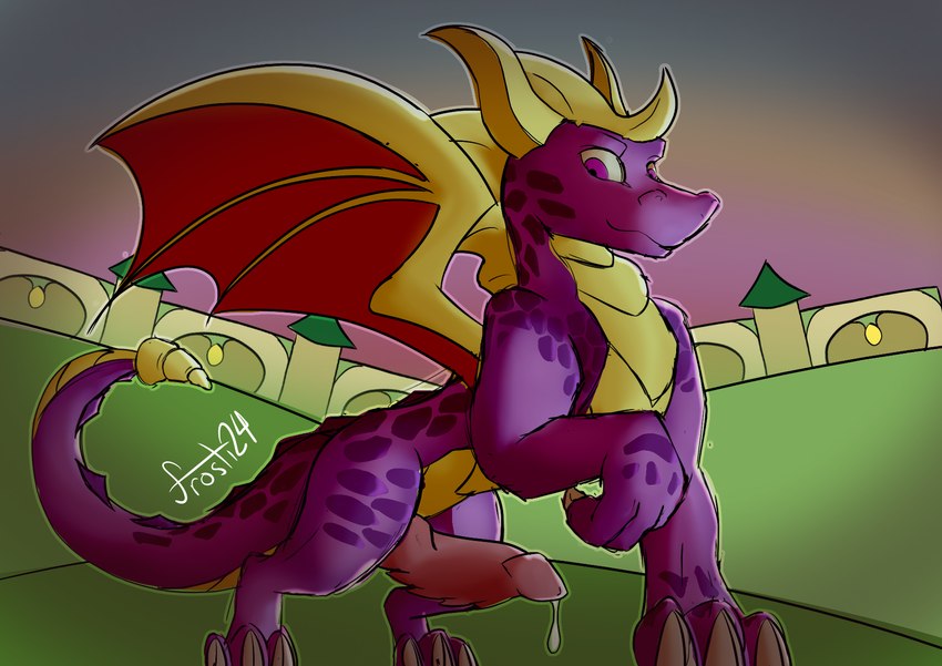 bodily_fluids genital_fluids genitals gold_wings horn knot leaking_precum male membrane_(anatomy) membranous_wings paws penis precum purple_body purple_scales quadruped raised_paw scales solo tail unusual_anatomy unusual_genitalia unusual_penis vignette wings frostidragon activision mythology spyro_the_dragon spyro dragon mythological_creature mythological_scalie scalie hi_res