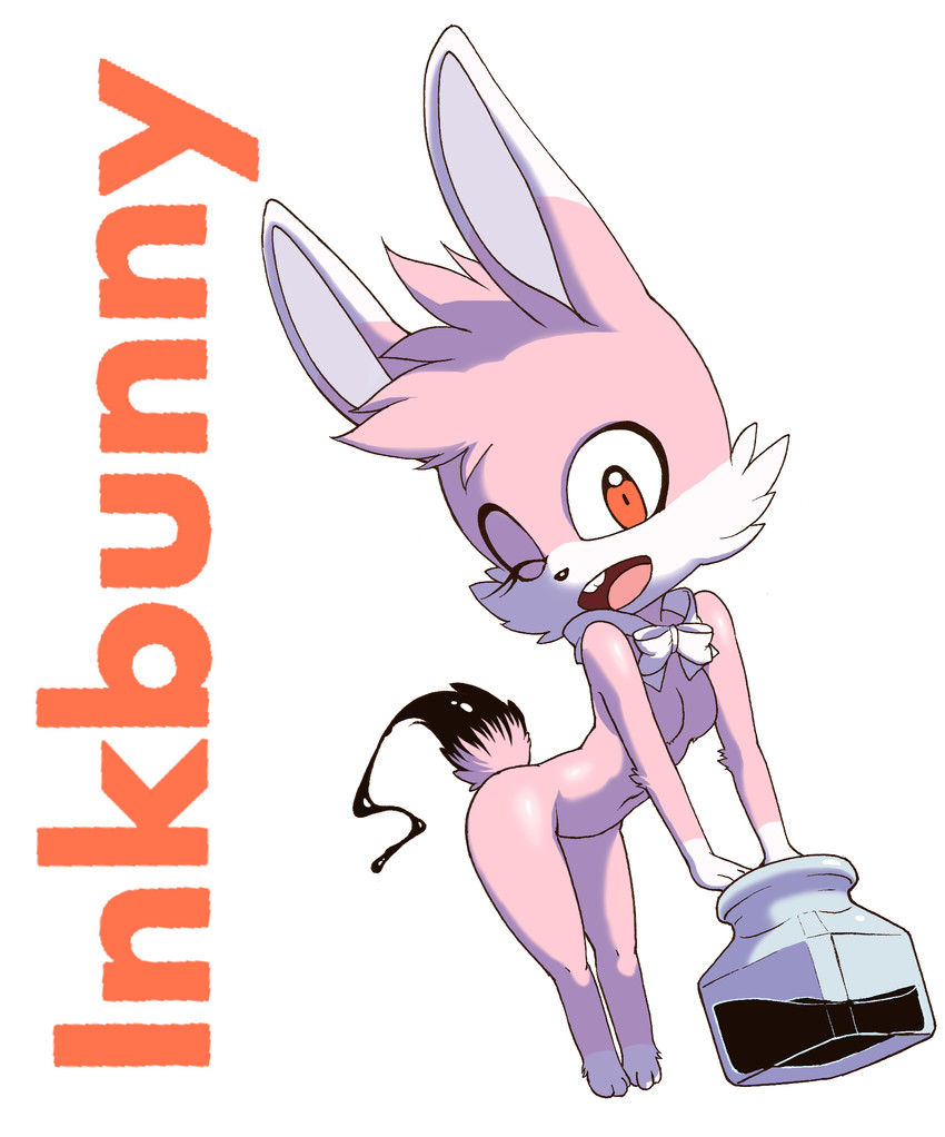 anthro bent_over bottle breasts container eyelashes featureless_breasts female fur ink ink_bottle inkwell logo looking_at_viewer mascot navel neck_bow nude one_eye_closed pink_body pink_fur red_eyes solo standing text wink dash-the-cheetah inkbunny inkbunny_(character) lagomorph leporid mammal rabbit hi_res