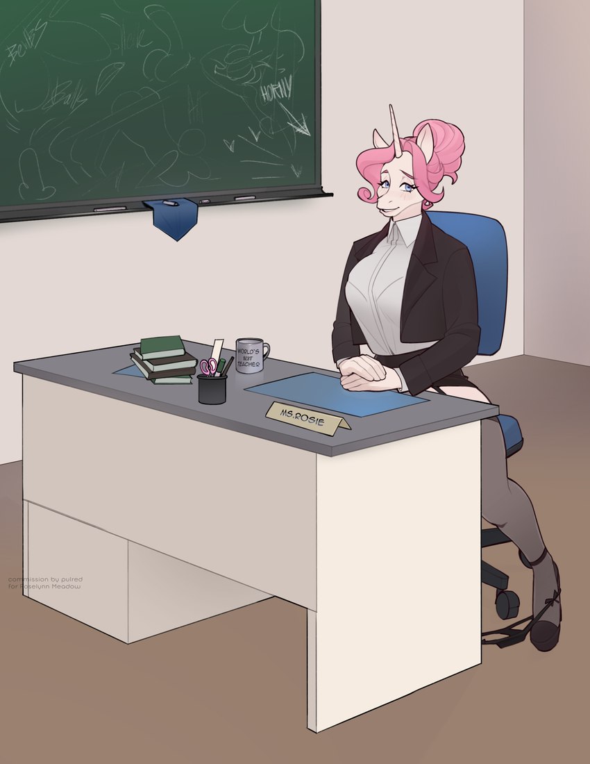 anthro blazer clothing desk drawing female footwear furniture high_heels horn legwear shoes solo table teacher thigh_highs thong thong_down underwear whiteboard pulred mythology rosie_(roselynn_meadow) equid equine mammal mythological_creature mythological_equine unicorn absurd_res hi_res