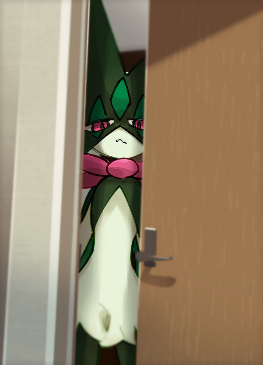 ambiguous_gender anthro door door_handle front_view fur green_body green_fur light_body light_fur pink_eyes solo standing sstoh nintendo pokemon generation_9_pokemon meowscarada pokemon_(species) 2024 hi_res