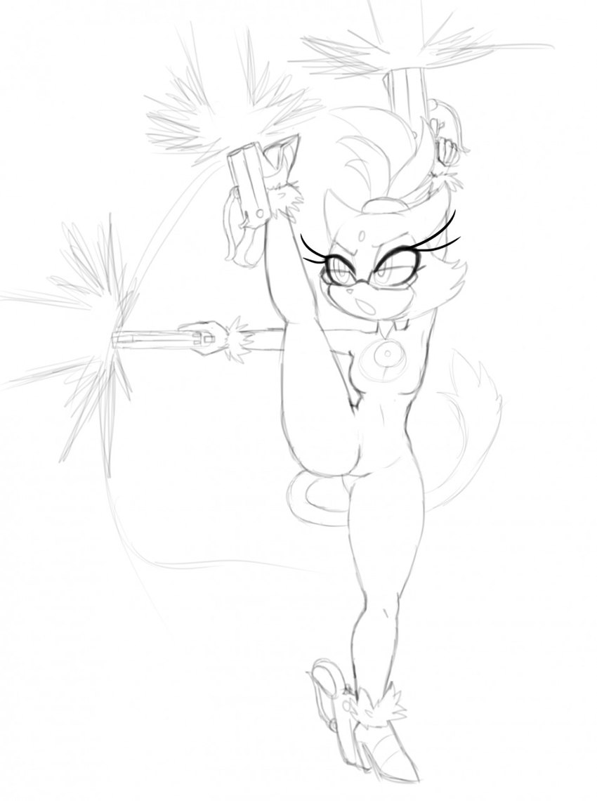 anthro breasts cleavage clothed clothing female footwear gun high_heels ranged_weapon shoes small_breasts solo weapon bit-small bayonetta_(series) sega sonic_the_hedgehog_(series) blaze_the_cat domestic_cat felid feline felis mammal hi_res monochrome