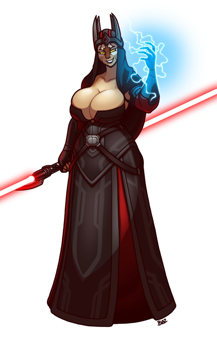 5_fingers anthro big_breasts black_clothing black_dress breasts cleavage clothed clothing collarbone crown curvy_figure double_bladed_lightsaber dress electricity fantasy female fingers force_lightning front_view fur glowing glowing_eyes headdress headgear holding_lightsaber huge_breasts lightsaber looking_at_viewer mature_female melee_weapon narrowed_eyes pose red_lightsaber science_fiction simple_background sith smile smirk solo standing voluptuous weapon white_background yellow_eyes yellow_sclera blazbaros star_wars malithany alien cathar felid feline mammal 2023 9:14 hi_res