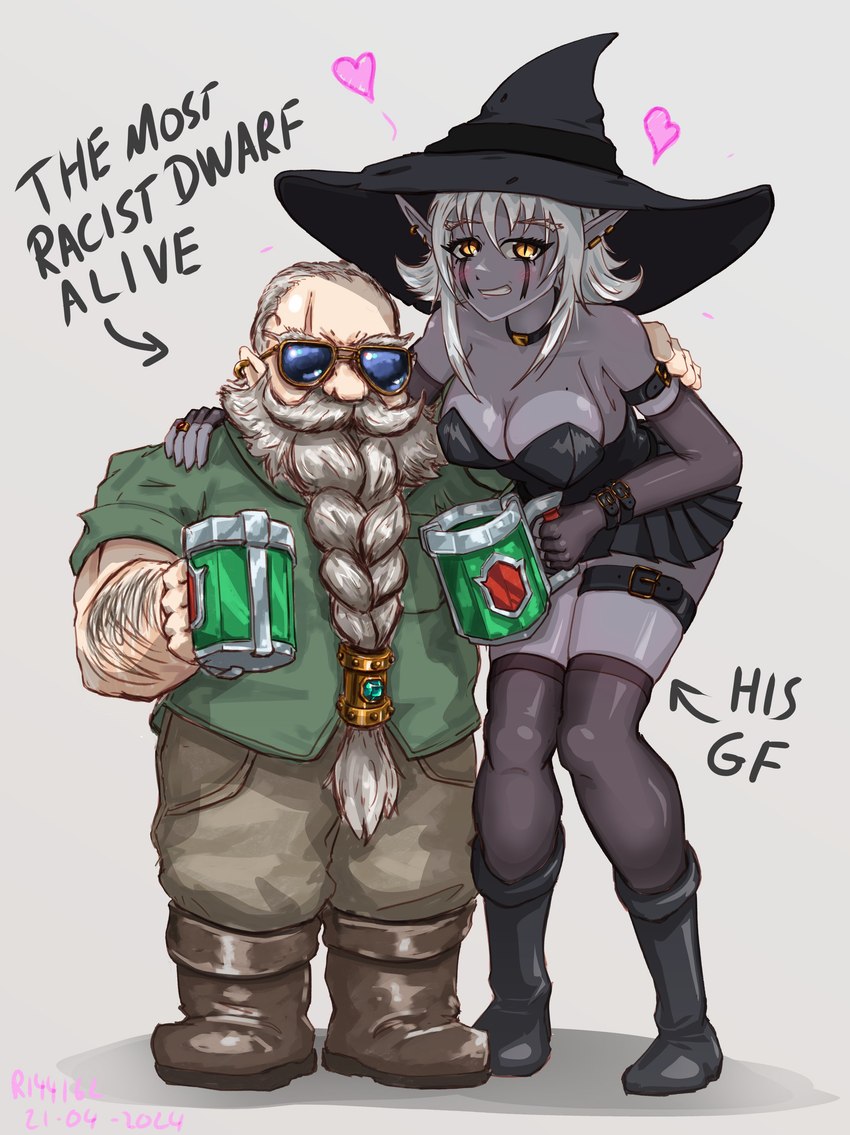 accessory anthro beard boots bottomwear breasts cleavage clothed clothing container cup duo eyewear facial_hair female footwear glasses hat headgear headwear heart_symbol legwear male pants scar shirt shoes simple_background size_difference skirt stockings text topwear wizard_hat razpaz deep_rock_galactic ghost_ship_games drow dwarf elf absurd_res english_text hi_res