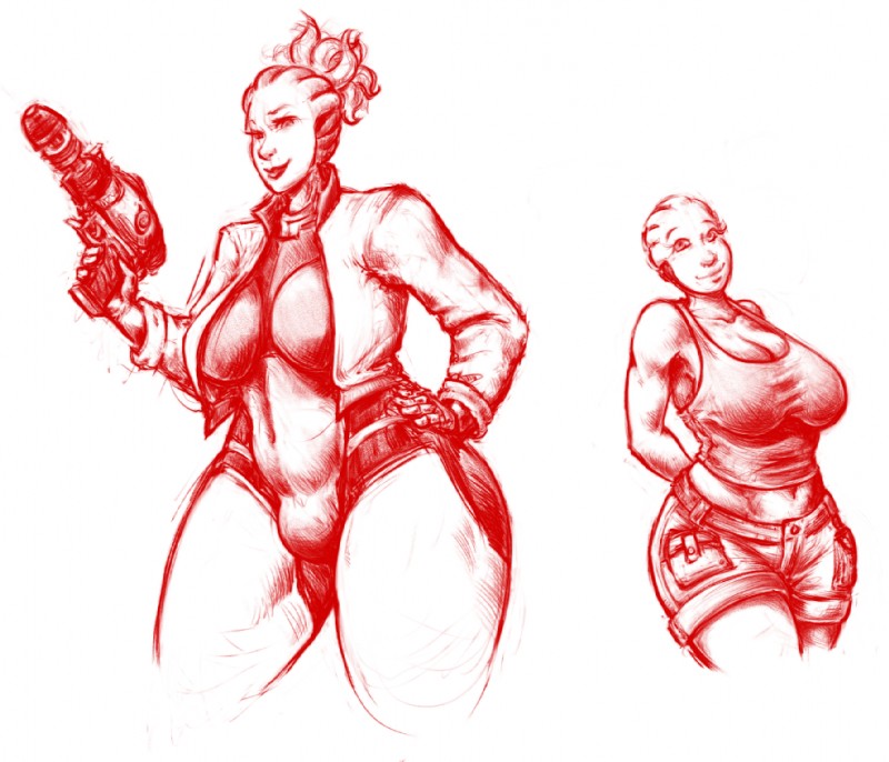 big_breasts breasts bulge clothed clothing curvy_figure duo female gynomorph intersex looking_at_viewer not_furry smile standing thick_thighs voluptuous audiophilekitsune bioware electronic_arts mass_effect star_wars alien alien_humanoid asari humanoid portrait red_theme sketch three-quarter_portrait