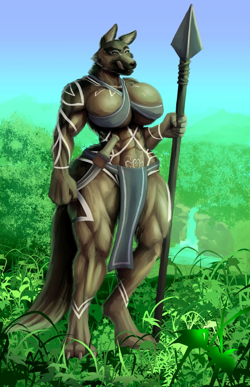 anthro big_breasts bottomwear breasts clothing exposure_variation female hunter loincloth markings melee_weapon muscular muscular_female polearm solo spear tall_girl tribal tribal_markings warrioress weapon arekage canid canine canis domestic_dog german_shepherd herding_dog mammal pastoral_dog absurd_res hi_res