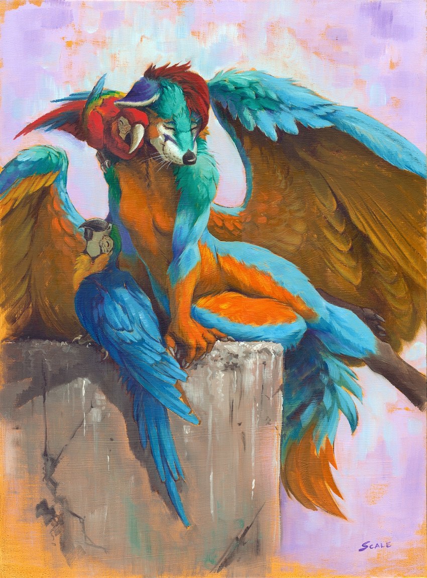 ambiguous_gender anthro breasts cuddling detailed_fur eyes_closed featureless_crotch female feral fur group nude sitting trio wings scale_(artist) ara_(genus) avian bird blue-and-yellow_macaw canid canine fox hybrid macaw mammal neotropical_parrot parrot scarlet_macaw true_parrot 2023 detailed hi_res oil_painting_(artwork) painting_(artwork) traditional_media_(artwork)